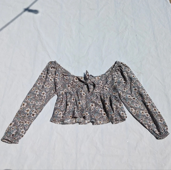 Patrons of Peace Tie Front Long Bishop Sleeve Crop Top Woman's XS Floral  Boho - Picture 2 of 6